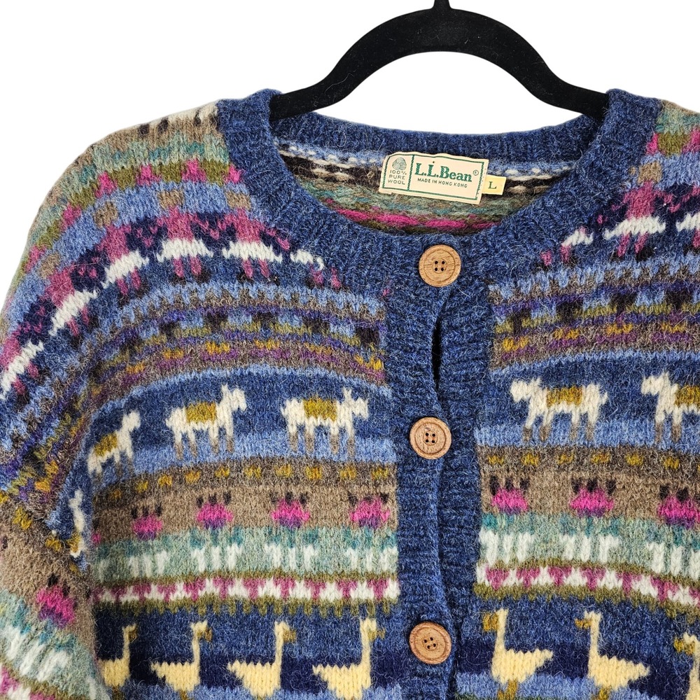 Vintage LL Bean Sheep Geese Horse Wool Cardigan Sweater Women's Large Blue - Picture 3 of 9